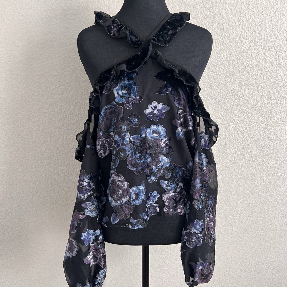 Womens Small Blouse Dark Floral Sheer Velvet Burnout Detached Sleeves Whimsigoth - Picture 2 of 9